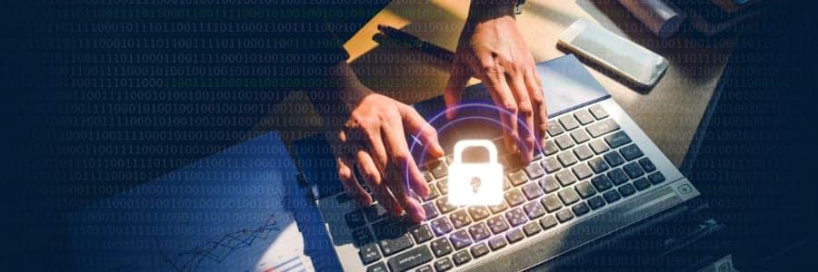 Person typing on computer with a lock above them
