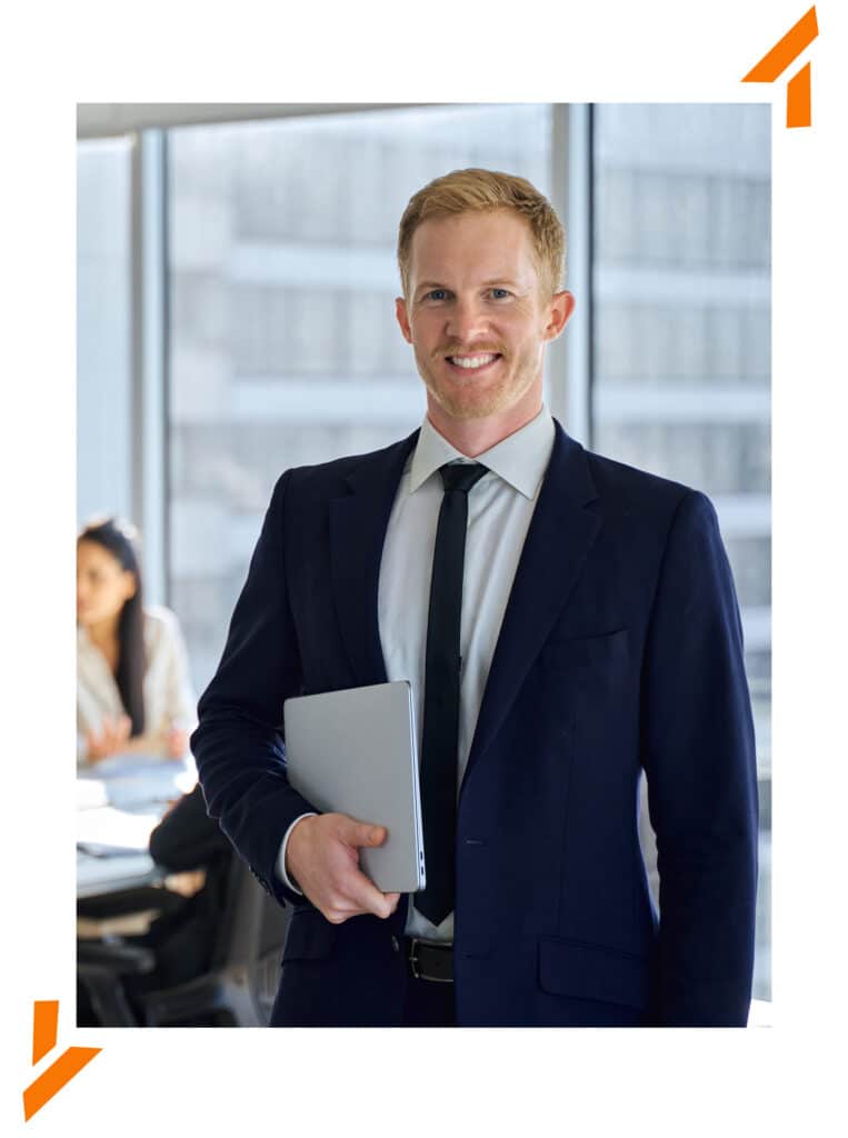 Bank manager smiling after receiving quality IT solutions